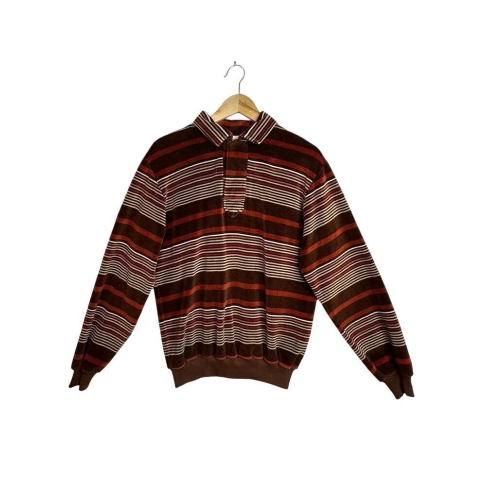JANTZEN 1960’s Classic Striped Velour Sweater in Brown Rust Tones Size Large